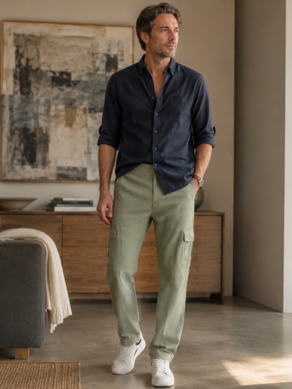 NWT Contigo 100% Linen Cargo Pants Olive Green Straight Leg Men's 28x32